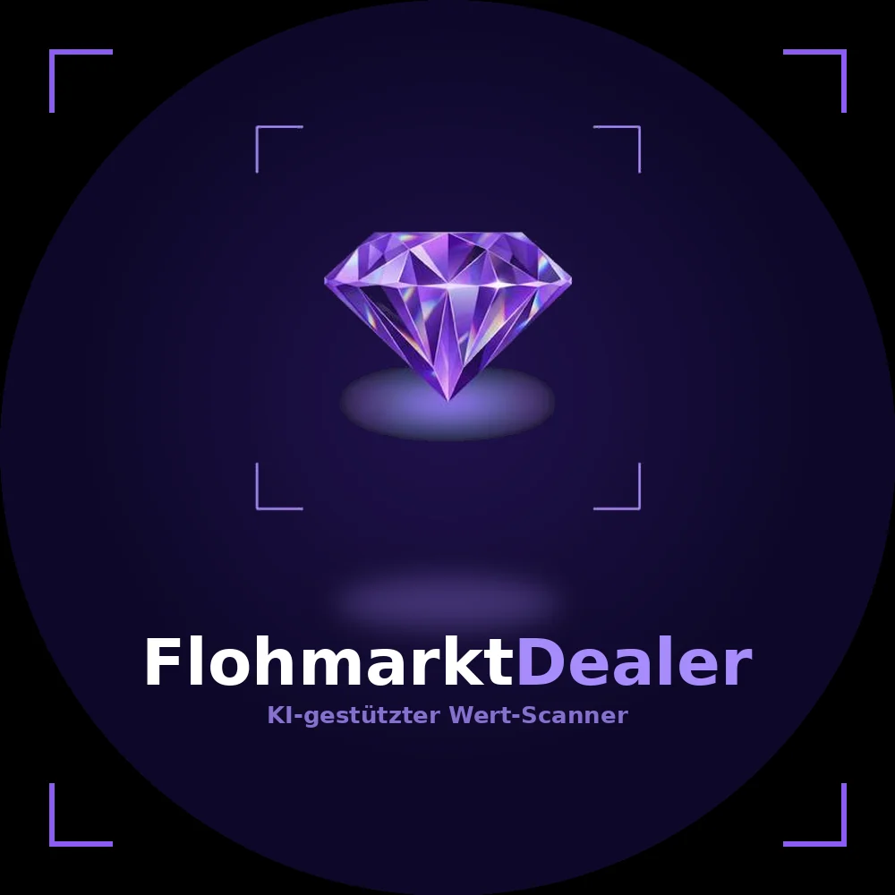 Grafik der App FlohmarktDealer: leuchtender Diamant über dem Namen und dem Zusatz KI-gestützter Wert-Scanner